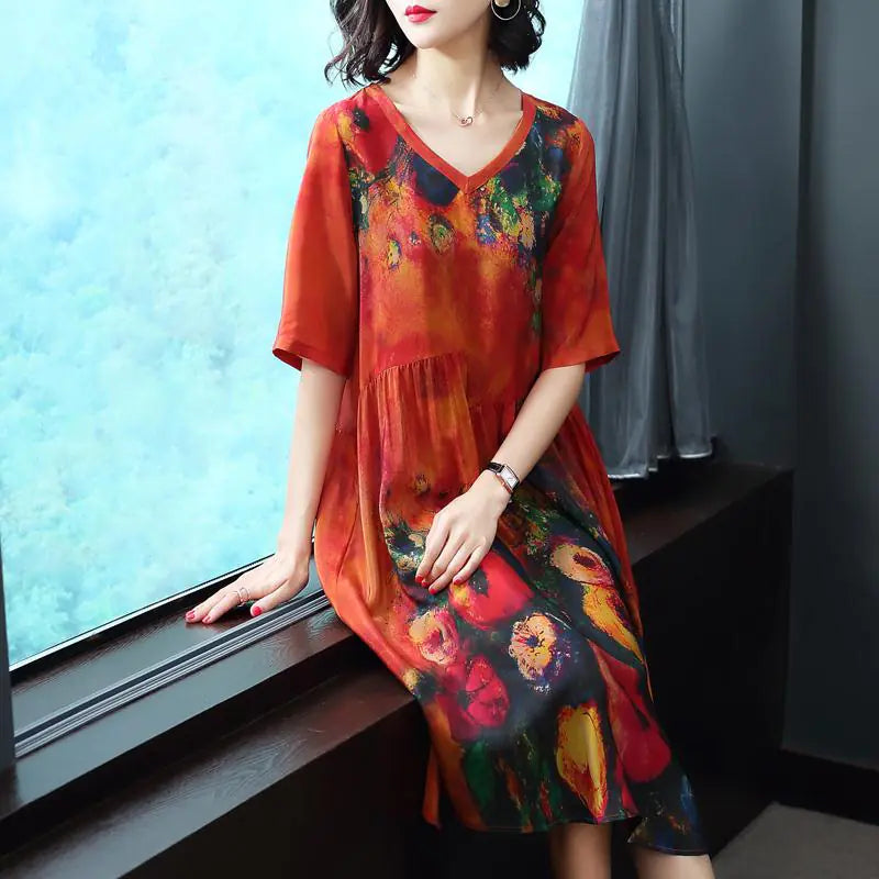 Loose Floral Silk Midi Dress in Plus Size