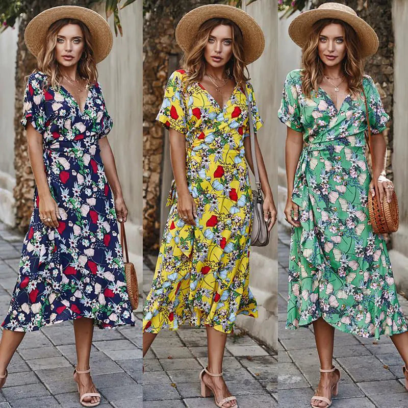 Plus Size Women's Summer V-Neck Floral Beach Dress