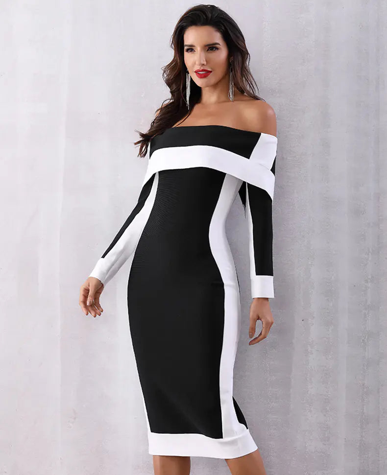 One-Shoulder Color Block Long Sleeve Dress