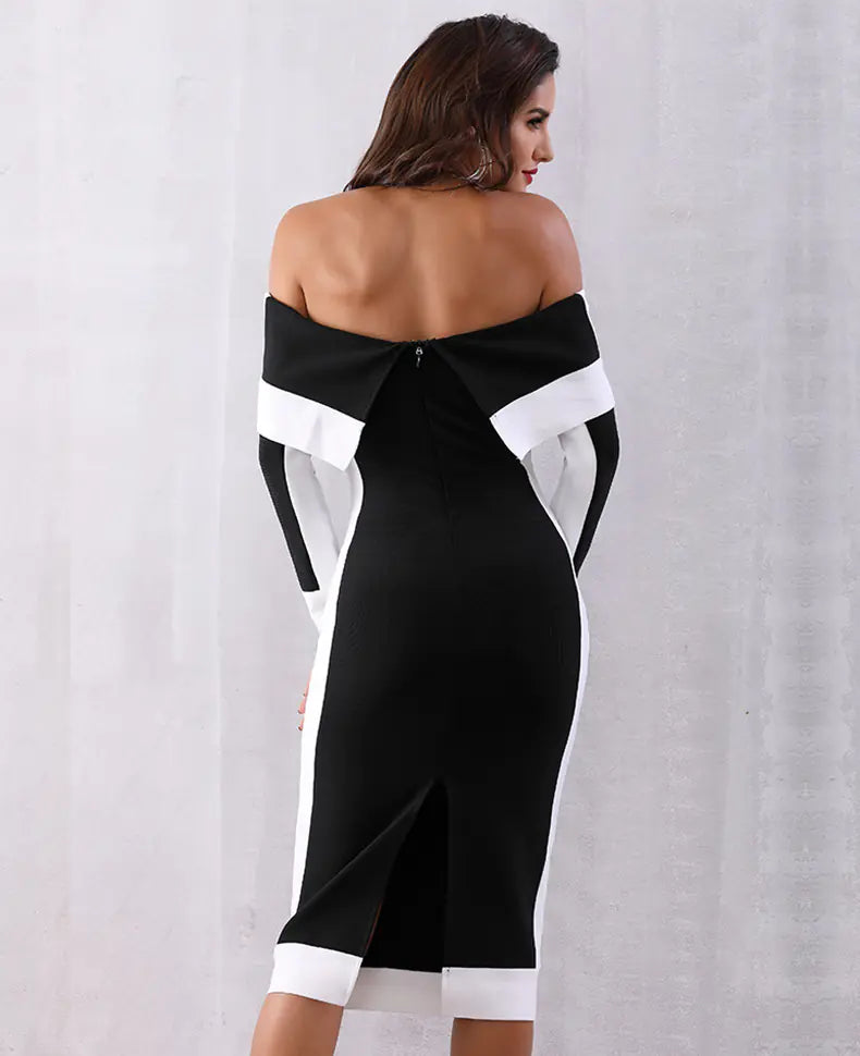 One-Shoulder Color Block Long Sleeve Dress