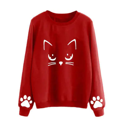 Women's Cat Print Pullover Sweatshirt for Autumn/Winter