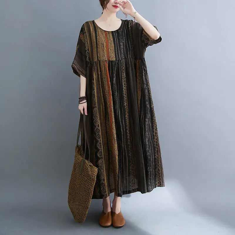 Round Neck Short Sleeve Stripe Swing Dress
