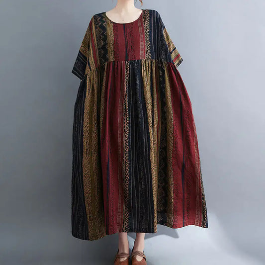 Round Neck Short Sleeve Stripe Swing Dress