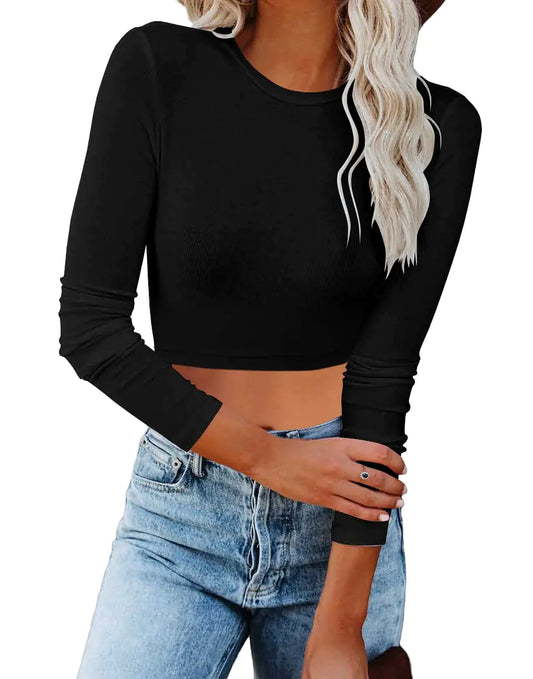 Womens Basic Crop Tops Lightweight Underscrub Cute Crewneck Shirt Winter Layer Tee Black L…