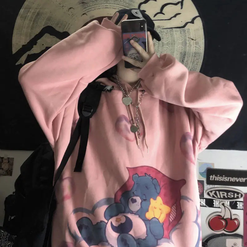 Women's Hooded Sweatshirt - Retro Graffiti Print (Gray)