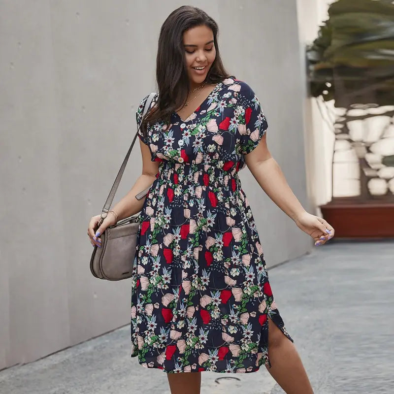 Plus Size Women's Summer V-Neck Floral Beach Dress