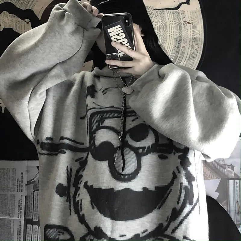 Women's Hooded Sweatshirt - Retro Graffiti Print (Gray)