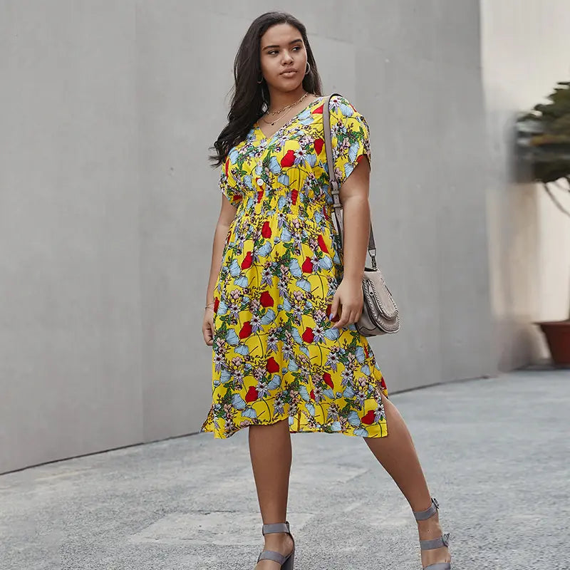 Plus Size Women's Summer V-Neck Floral Beach Dress