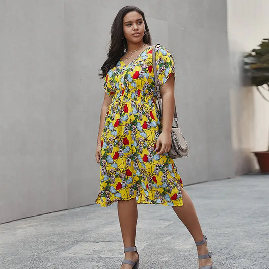 Plus Size Women's Summer V-Neck Floral Beach Dress
