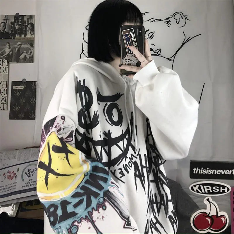 Women's Hooded Sweatshirt - Retro Graffiti Print (Gray)