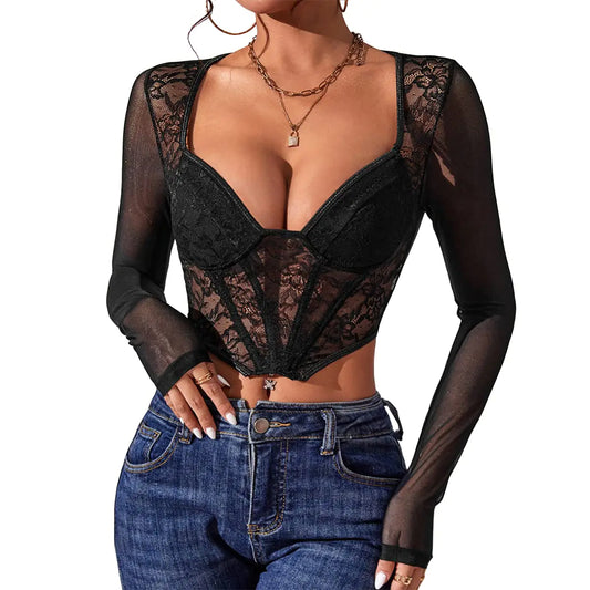 V-Neck Lace Corset Crop Tops for Women