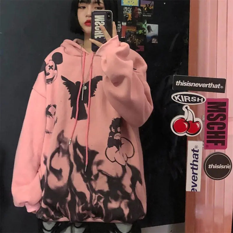 Women's Hooded Sweatshirt - Retro Graffiti Print (Gray)