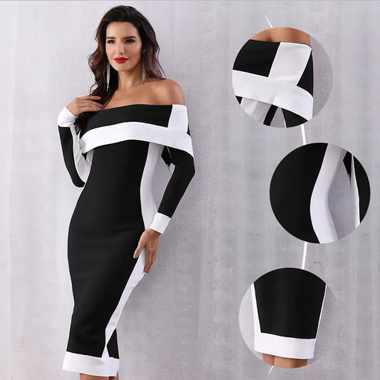 One-Shoulder Color Block Long Sleeve Dress