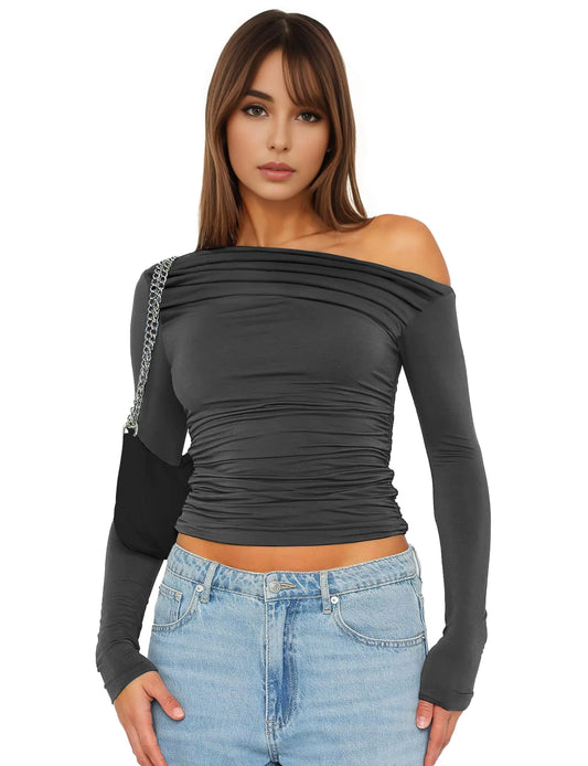 Womans Off The Shoulder Long Sleeve GoingOut Workouts Crop Tops Grey