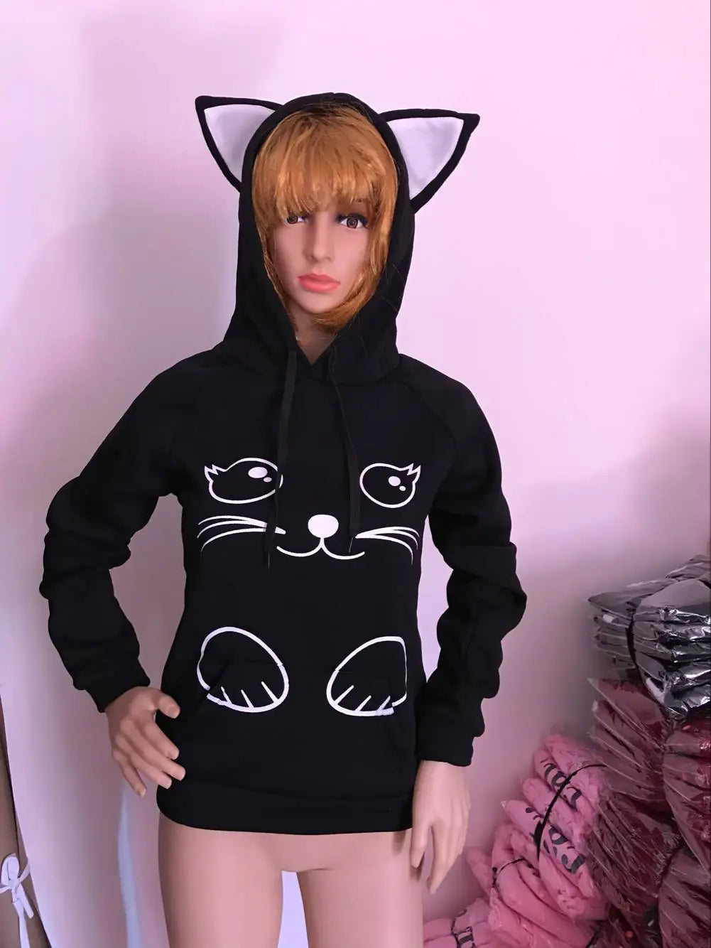 Printed Cat Hoodie - Loose Fit Sweatshirt