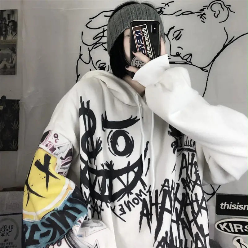 Women's Hooded Sweatshirt - Retro Graffiti Print (Gray)