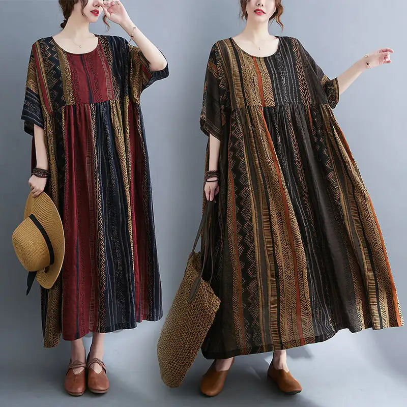Round Neck Short Sleeve Stripe Swing Dress