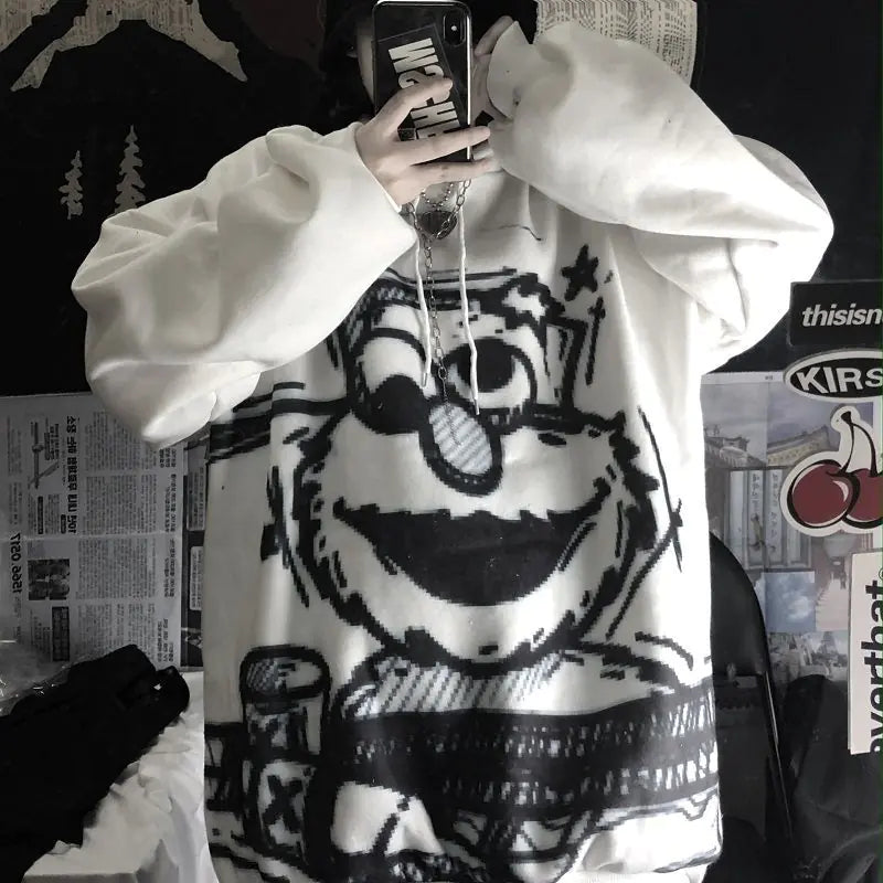 Women's Hooded Sweatshirt - Retro Graffiti Print (Gray)