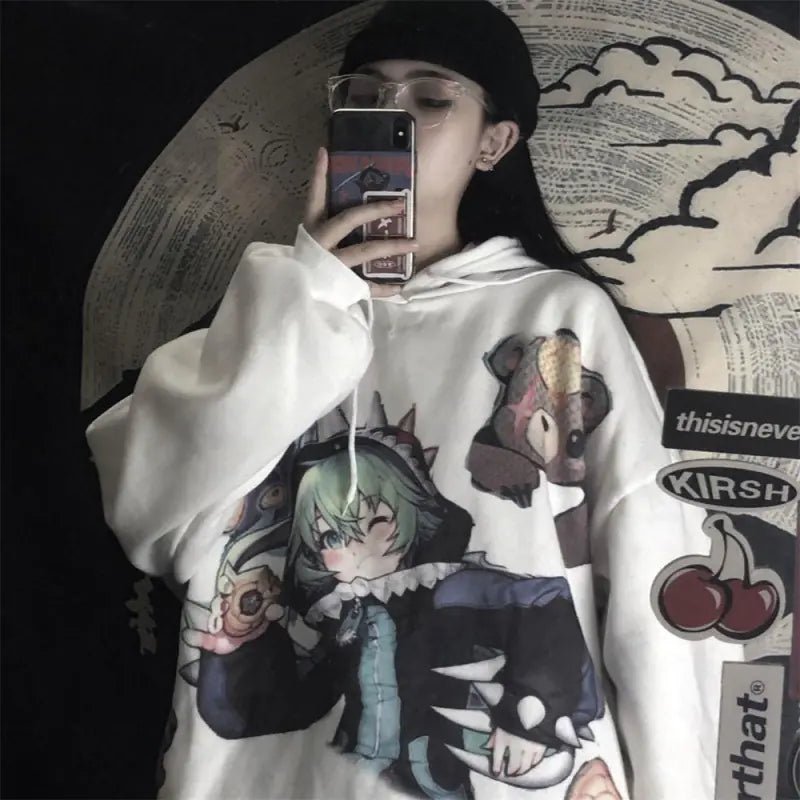 Women's Hooded Sweatshirt - Retro Graffiti Print (Gray)