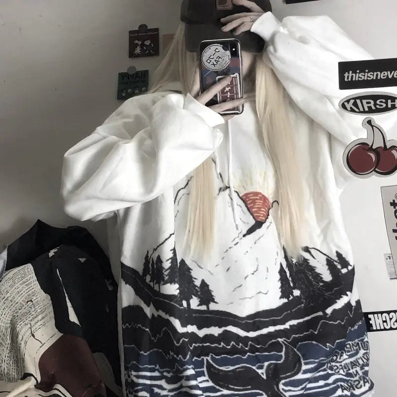 Women's Hooded Sweatshirt - Retro Graffiti Print (Gray)