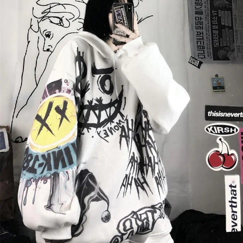 Women's Hooded Sweatshirt - Retro Graffiti Print (Gray)