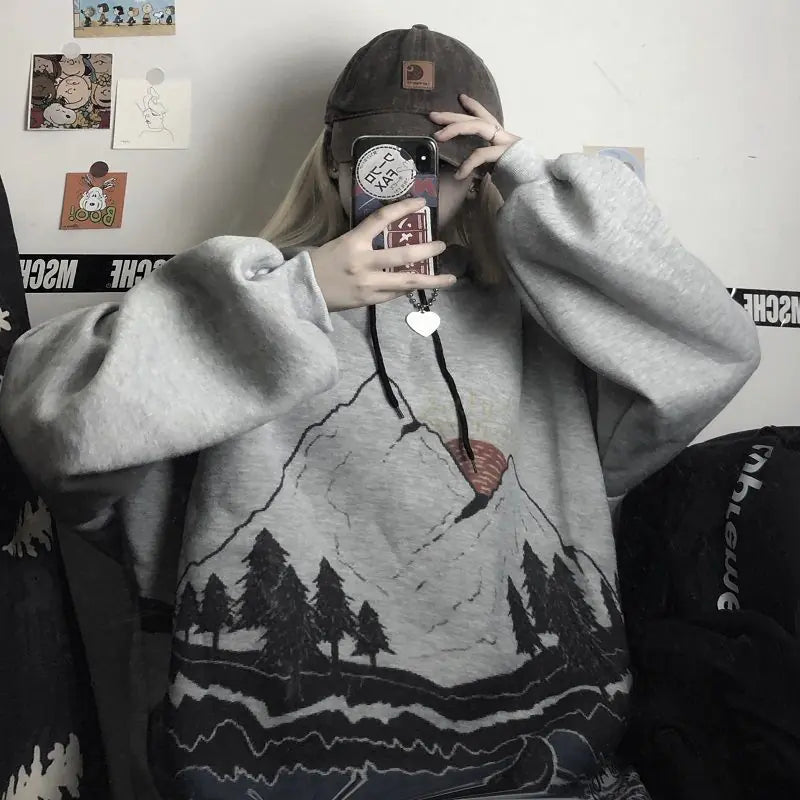 Women's Hooded Sweatshirt - Retro Graffiti Print (Gray)