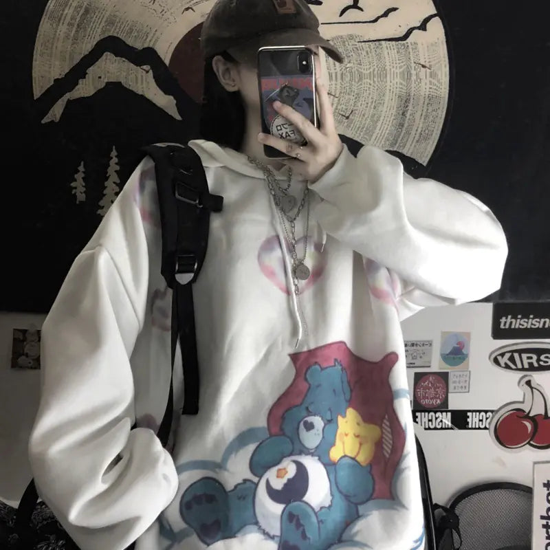 Women's Hooded Sweatshirt - Retro Graffiti Print (Gray)