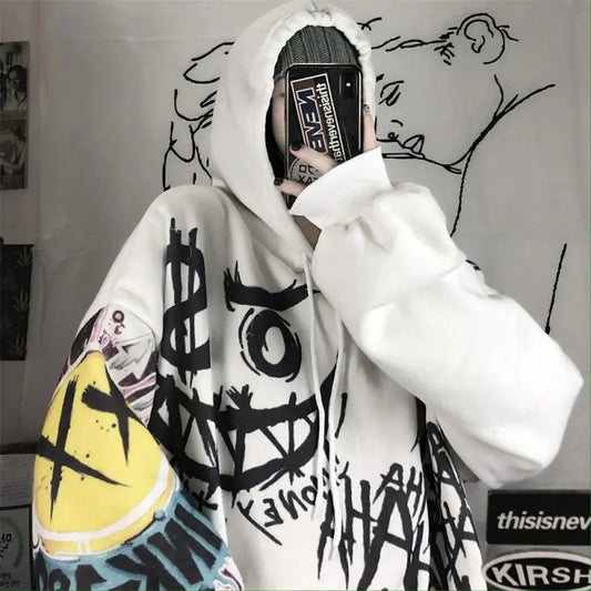 Women's Hooded Sweatshirt - Retro Graffiti Print (Gray)