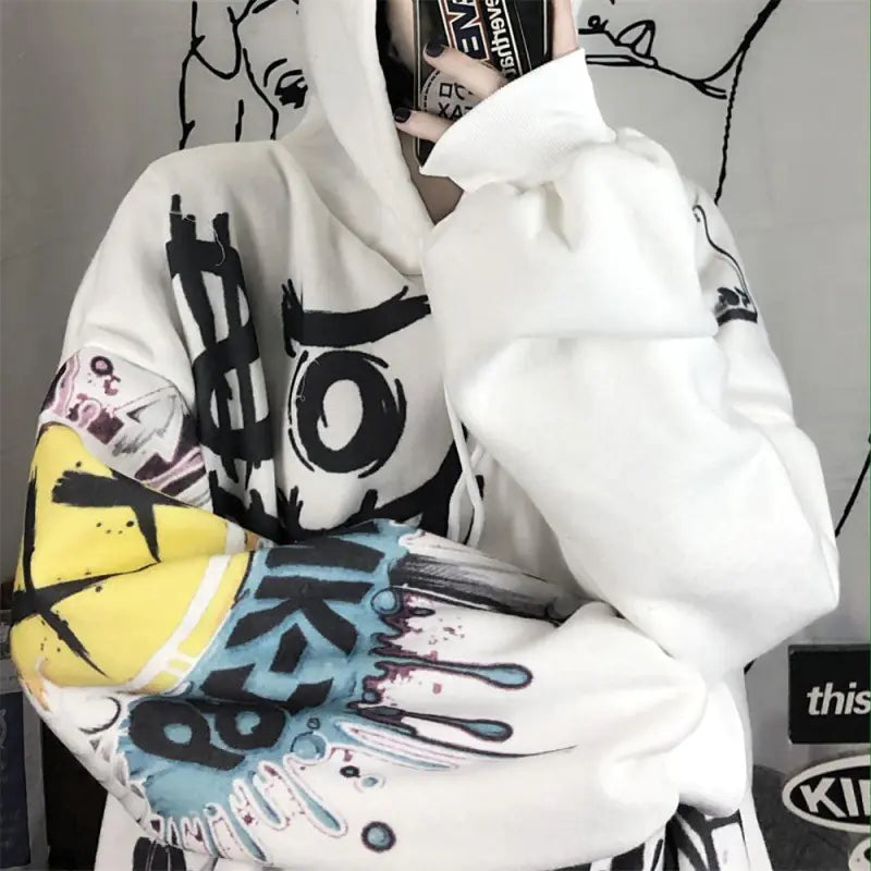 Women's Hooded Sweatshirt - Retro Graffiti Print (Gray)