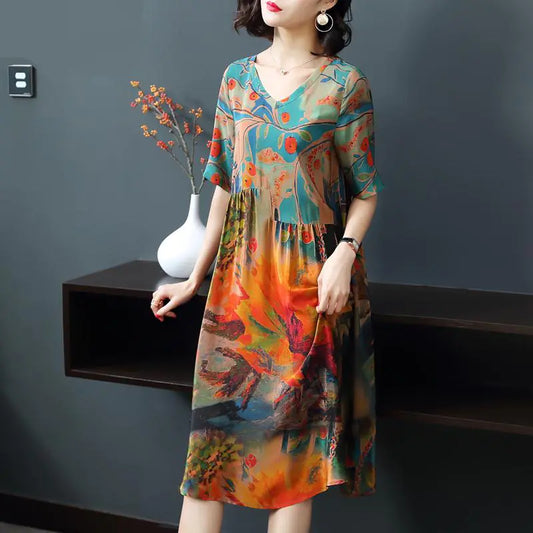 Loose Floral Silk Midi Dress in Plus Size