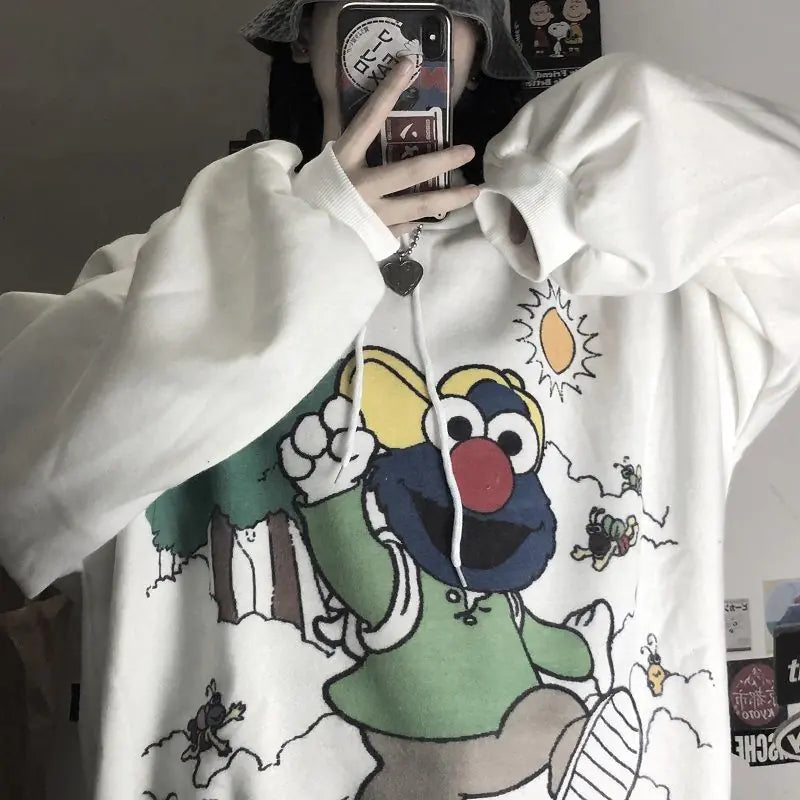 Women's Hooded Sweatshirt - Retro Graffiti Print (Gray)