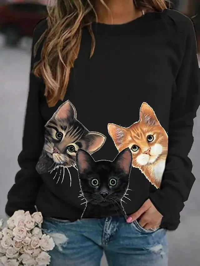Chic Women's Long-Sleeve Cat Print Sweatshirt