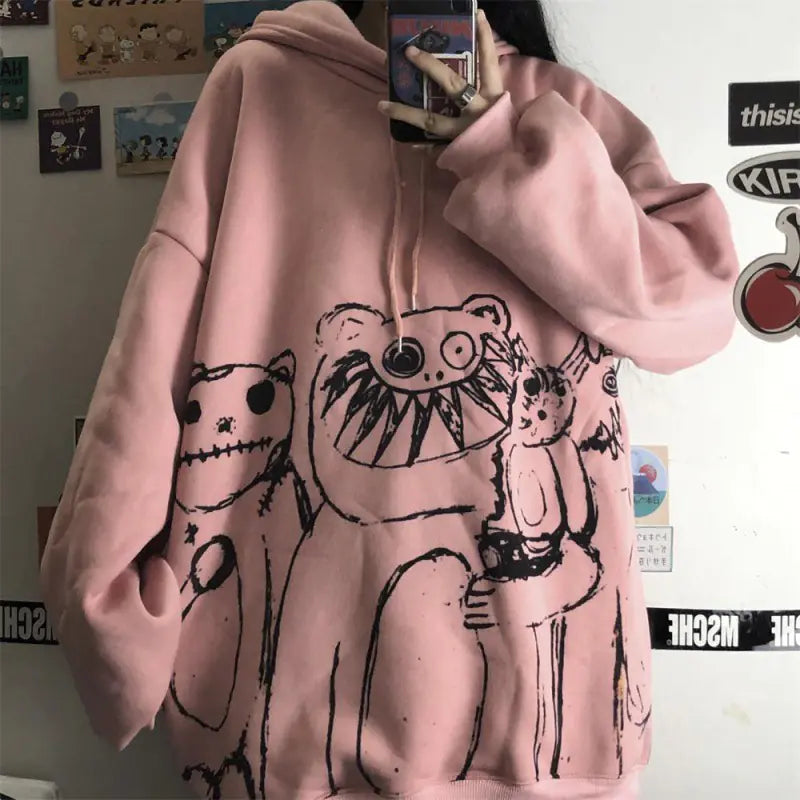 Women's Hooded Sweatshirt - Retro Graffiti Print (Gray)