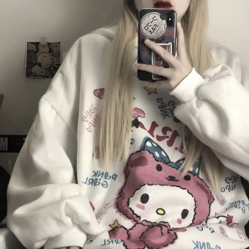 Women's Hooded Sweatshirt - Retro Graffiti Print (Gray)