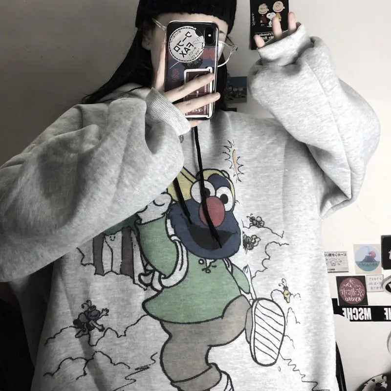 Women's Hooded Sweatshirt - Retro Graffiti Print (Gray)