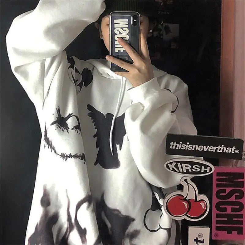 Women's Hooded Sweatshirt - Retro Graffiti Print (Gray)