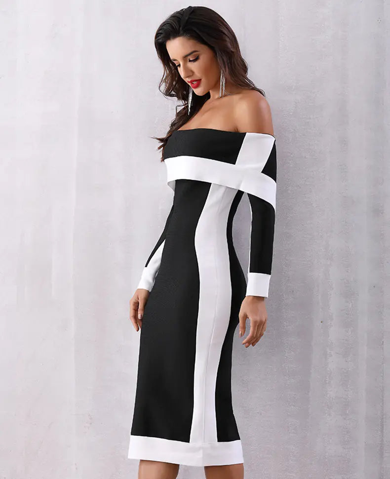 One-Shoulder Color Block Long Sleeve Dress