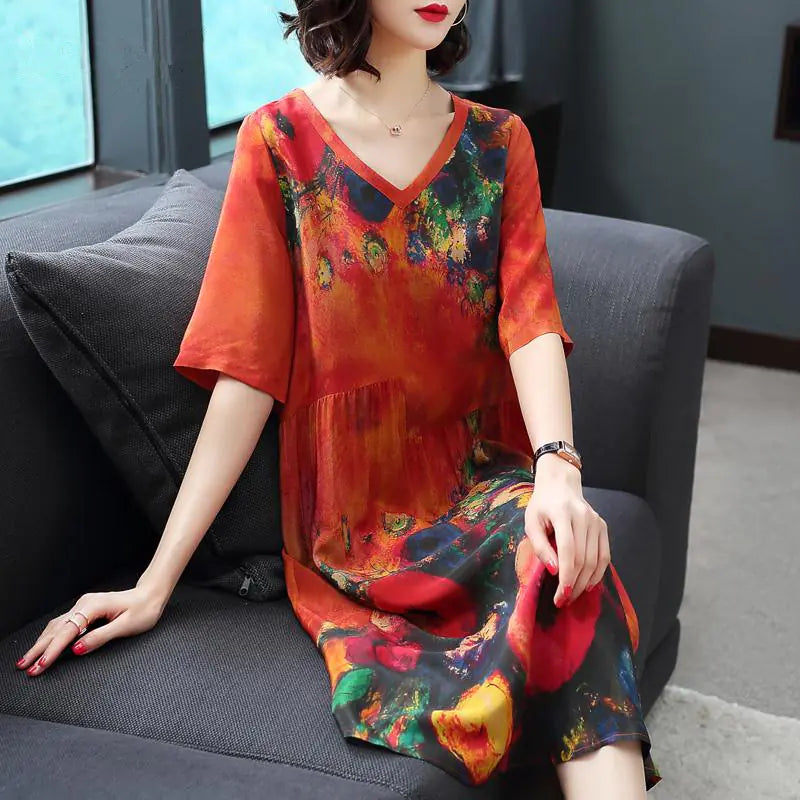 Loose Floral Silk Midi Dress in Plus Size